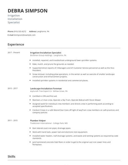 Irrigation Installation Specialist Resume