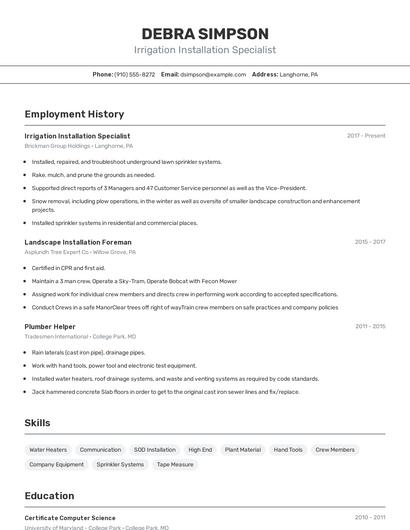 Irrigation Installation Specialist Resume