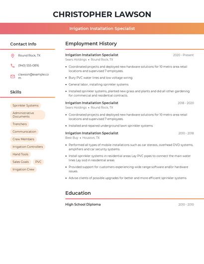 Irrigation Installation Specialist Resume