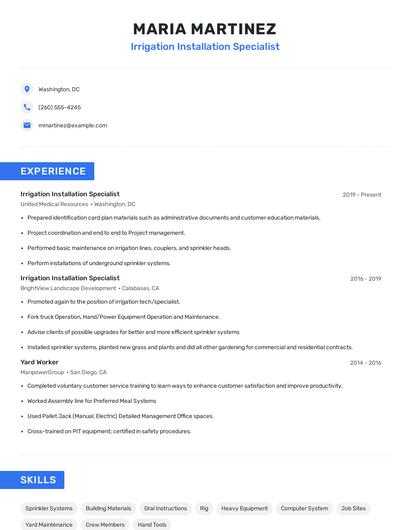 Irrigation Installation Specialist Resume