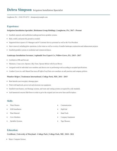 Irrigation Installation Specialist Resume