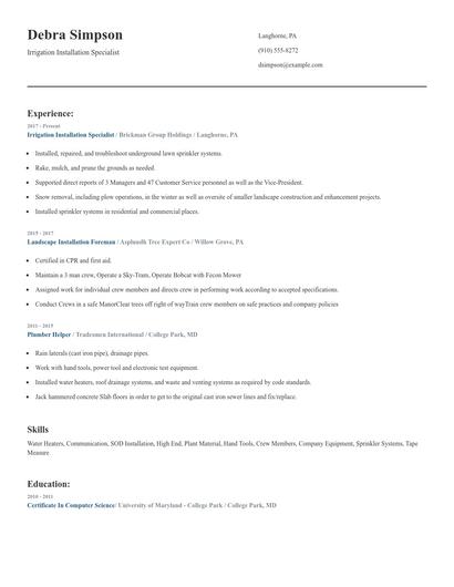 Irrigation Installation Specialist Resume