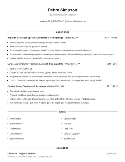Irrigation Installation Specialist Resume