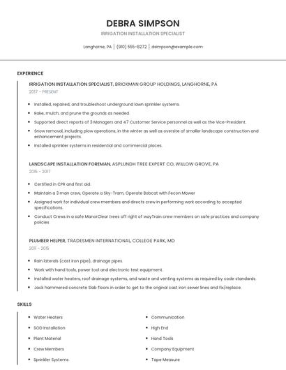 Irrigation Installation Specialist Resume