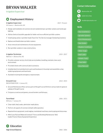 Irrigation Supervisor Resume