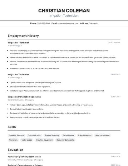 Irrigation Technician Resume