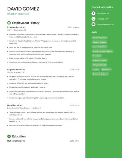 Irrigation Technician Resume