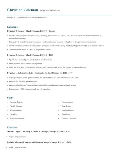 Irrigation Technician Resume