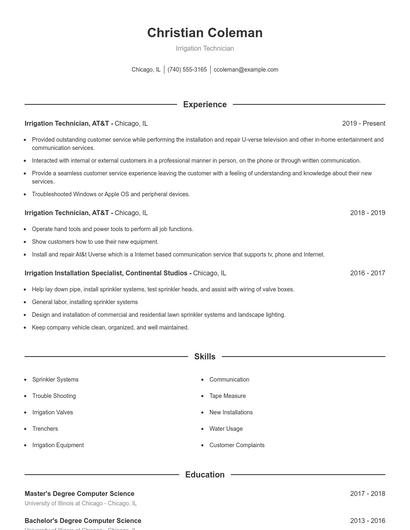 Irrigation Technician Resume