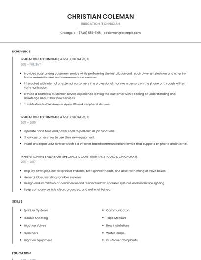 Irrigation Technician Resume