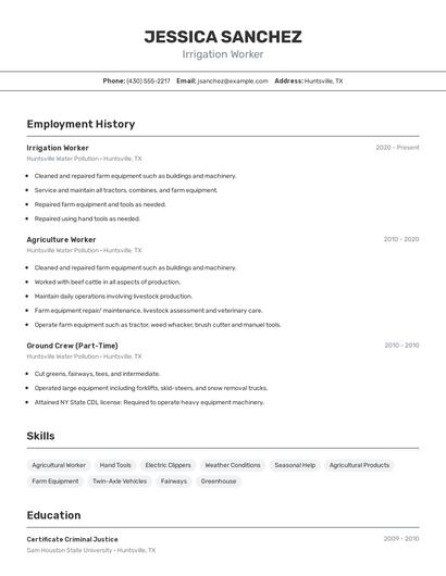 Irrigation Worker Resume