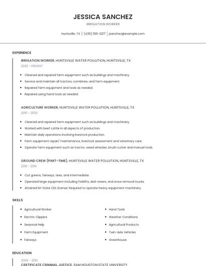 Irrigation Worker Resume