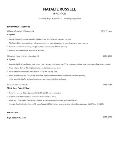 Irrigator Resume