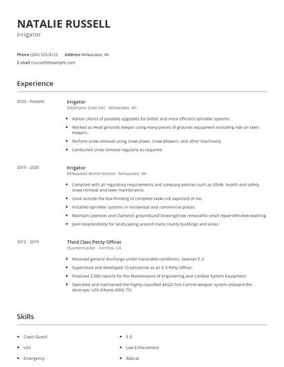 Irrigator Resume