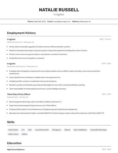 Irrigator Resume