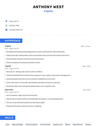 Irrigator Resume