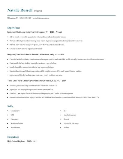 Irrigator Resume