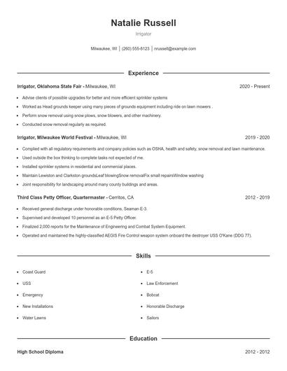 Irrigator Resume