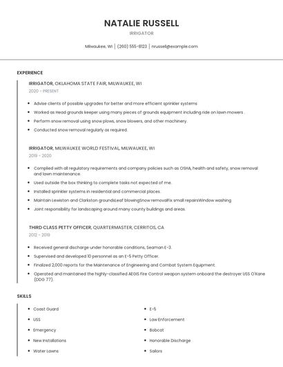 Irrigator Resume