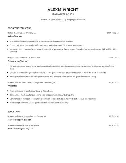 Italian Teacher Resume