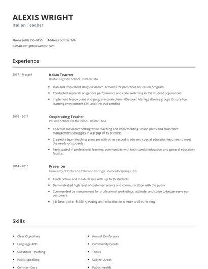 Italian Teacher Resume