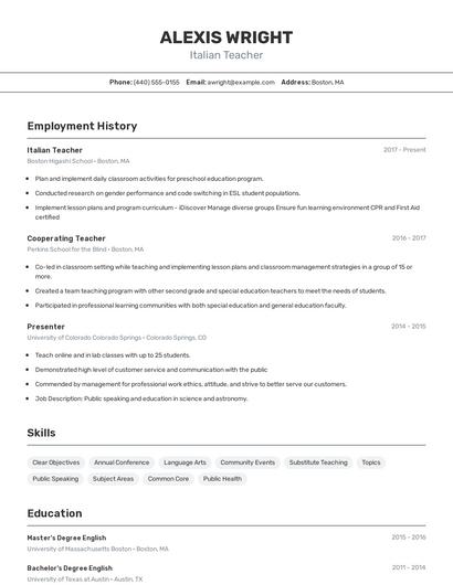 Italian Teacher Resume