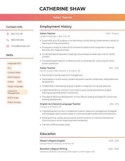 Italian Teacher Resume
