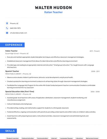 Italian Teacher Resume