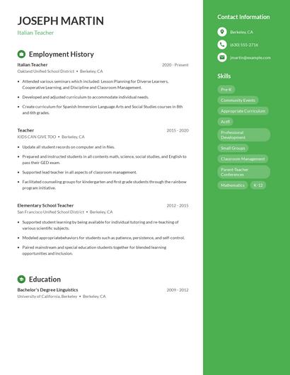 Italian Teacher Resume