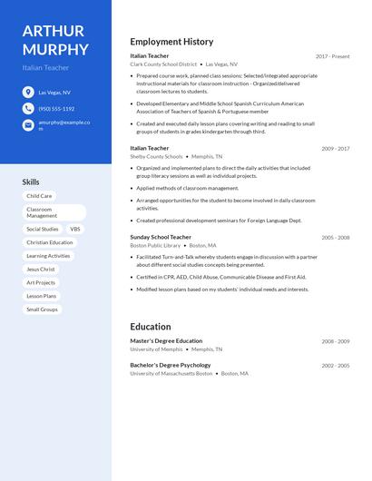 Italian Teacher Resume