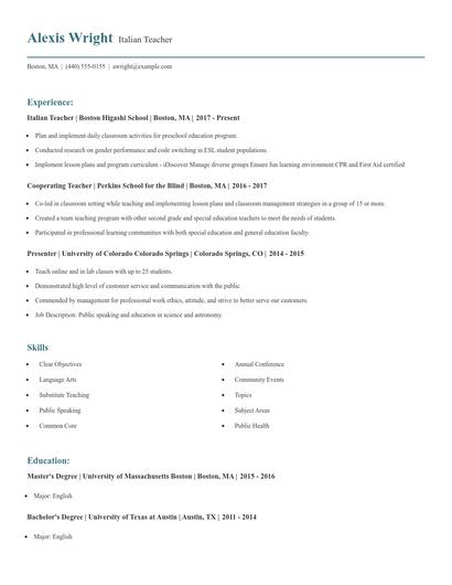 Italian Teacher Resume