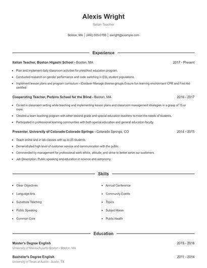 Italian Teacher Resume