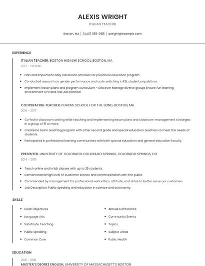 Italian Teacher Resume