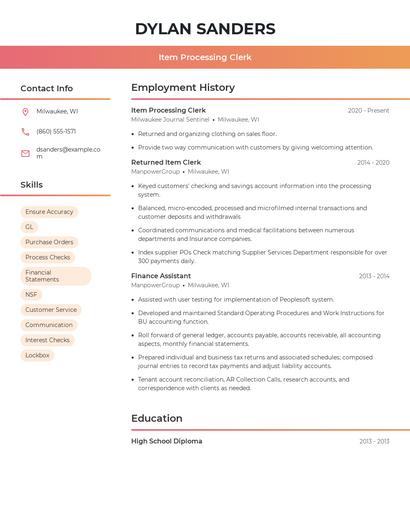 Item Processing Clerk Resume