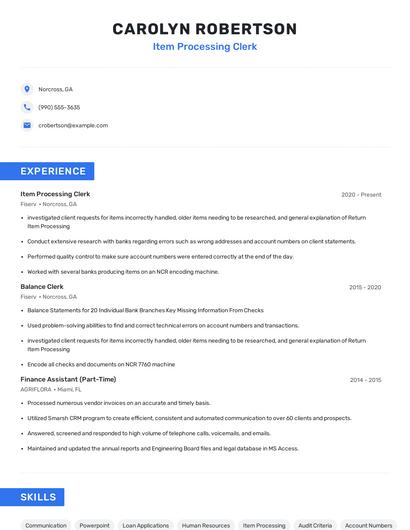 Item Processing Clerk Resume