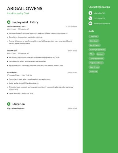 Item Processing Clerk Resume