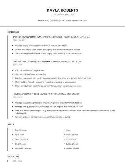 Janitor/Housekeeper Resume