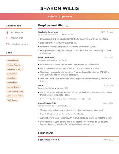 Janitorial Supervisor Resume