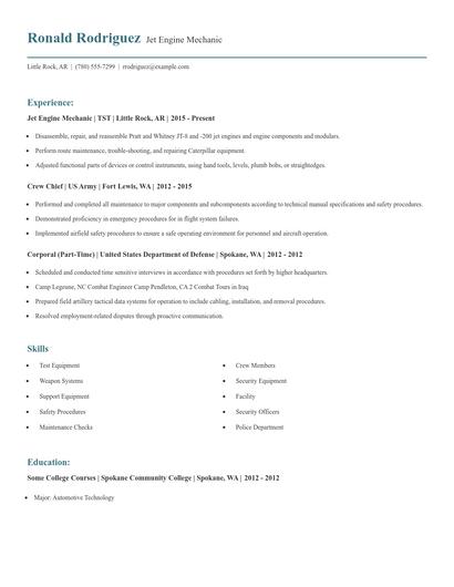 Jet Engine Mechanic Resume