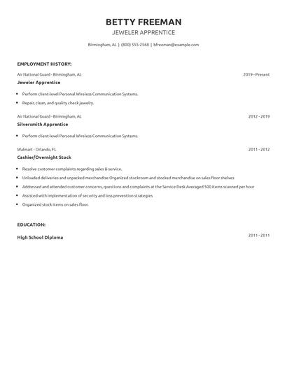 Jeweler Apprentice Resume