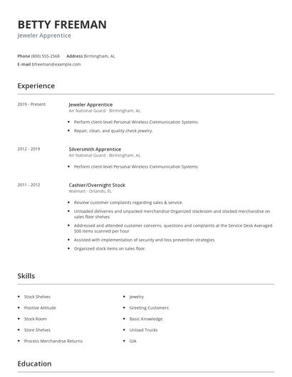 Jeweler Apprentice Resume