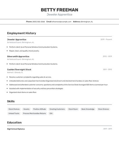 Jeweler Apprentice Resume
