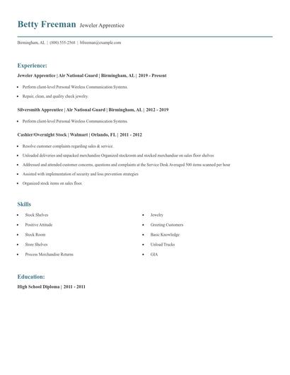 Jeweler Apprentice Resume