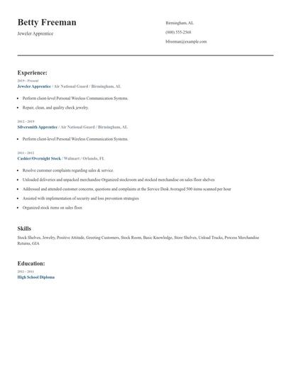 Jeweler Apprentice Resume