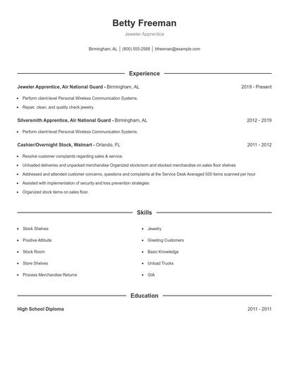 Jeweler Apprentice Resume