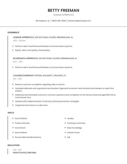 Jeweler Apprentice Resume
