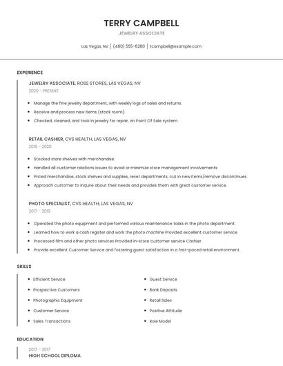 Jewelry Associate Resume