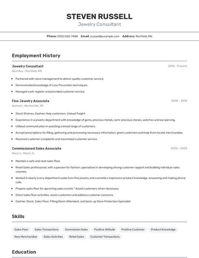 Jewelry Consultant Resume