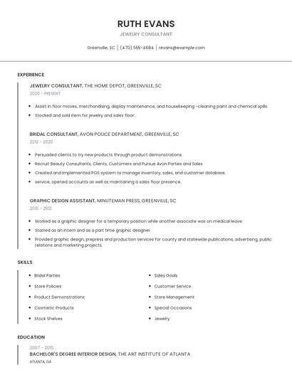 Jewelry Consultant Resume