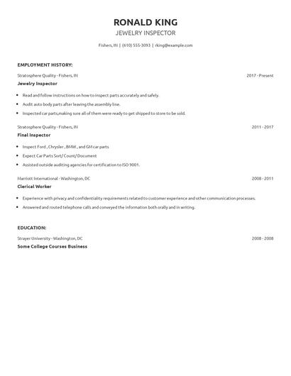 Jewelry Inspector Resume